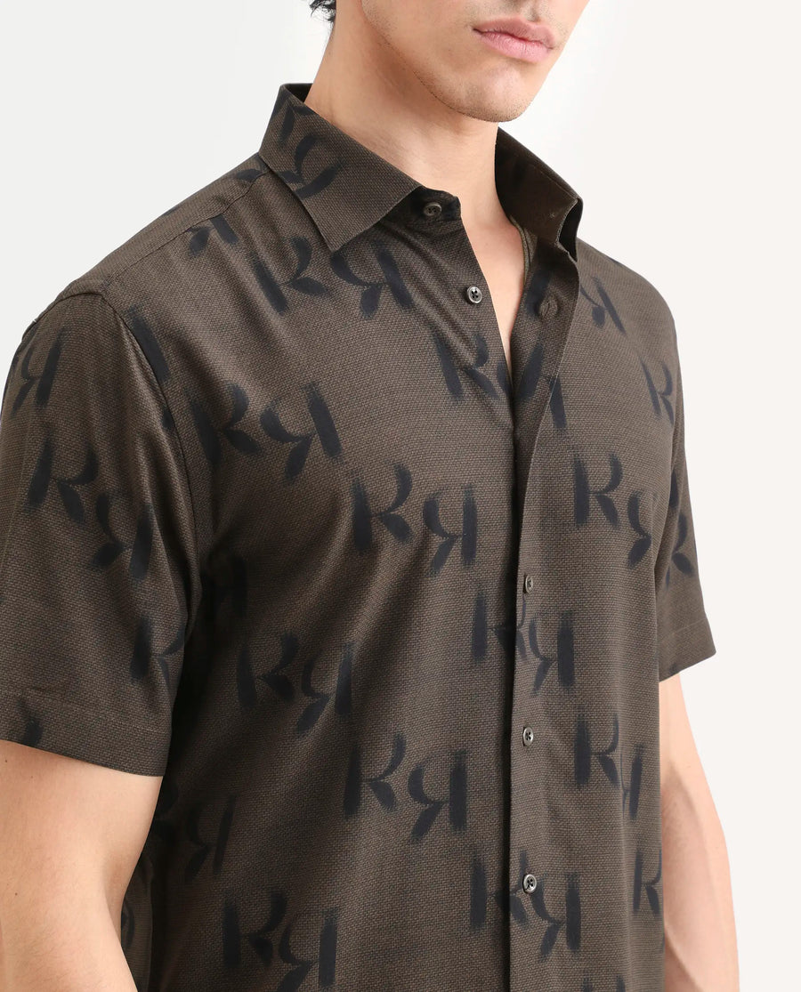 Rare Rabbit Men's Rhys 2 Dusky Brown Viscose Fabric Half Sleeve Regular Fit Monogram Print Shirt