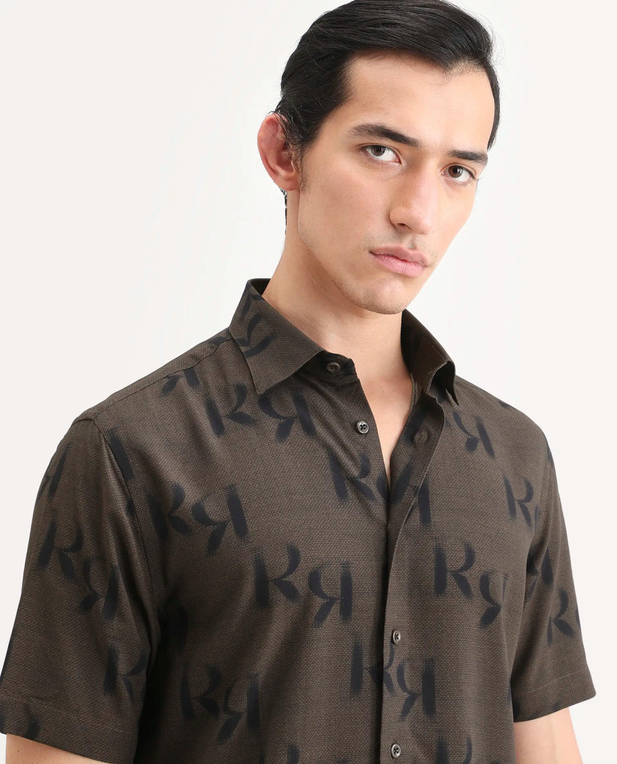 Rare Rabbit Men's Rhys 2 Dusky Brown Viscose Fabric Half Sleeve Regular Fit Monogram Print Shirt