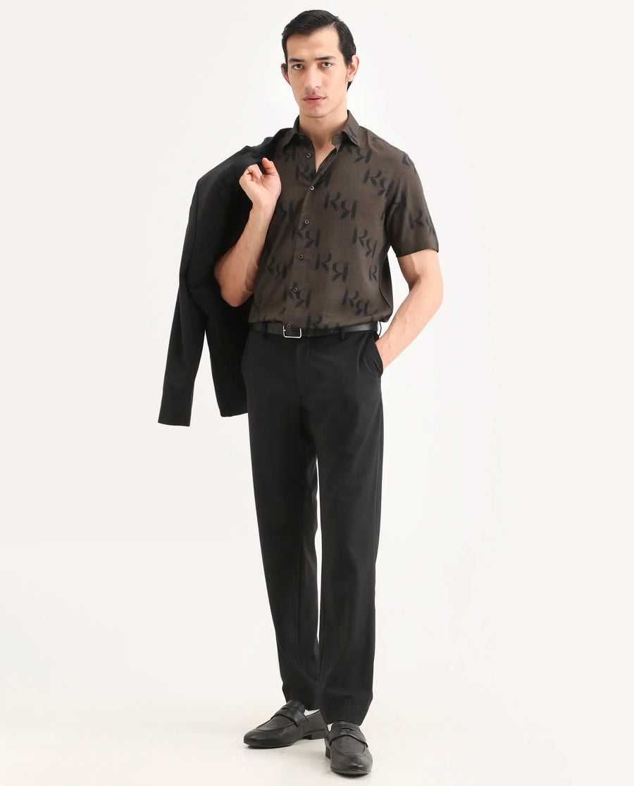 Rare Rabbit Men's Rhys 2 Dusky Brown Viscose Fabric Half Sleeve Regular Fit Monogram Print Shirt