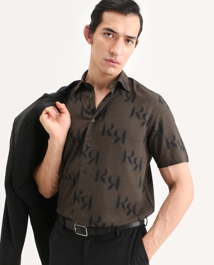 Rare Rabbit Men's Rhys 2 Dusky Brown Viscose Fabric Half Sleeve Regular Fit Monogram Print Shirt