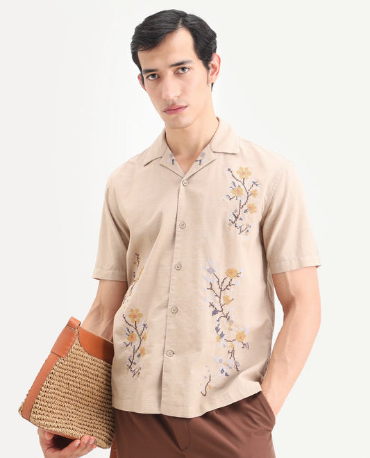 Rare Rabbit Men's Frot Dark Beige Cotton Fabric Half Sleeve Cuban Collar Relaxed Fit Embroidered Shirt