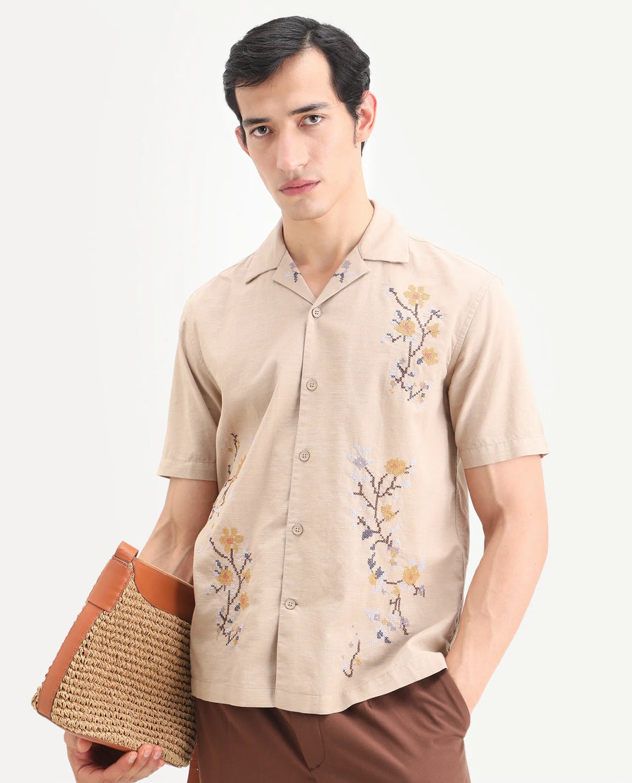 Rare Rabbit Men's Frot Dark Beige Cotton Fabric Half Sleeve Cuban Collar Relaxed Fit Embroidered Shirt