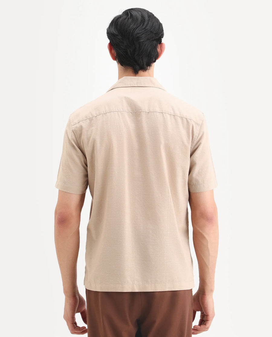 Rare Rabbit Men's Frot Dark Beige Cotton Fabric Half Sleeve Cuban Collar Relaxed Fit Embroidered Shirt