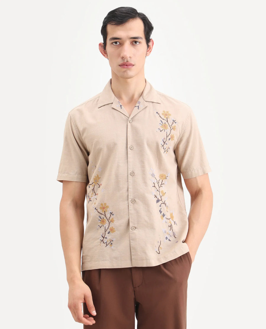 Rare Rabbit Men's Frot Dark Beige Cotton Fabric Half Sleeve Cuban Collar Relaxed Fit Embroidered Shirt
