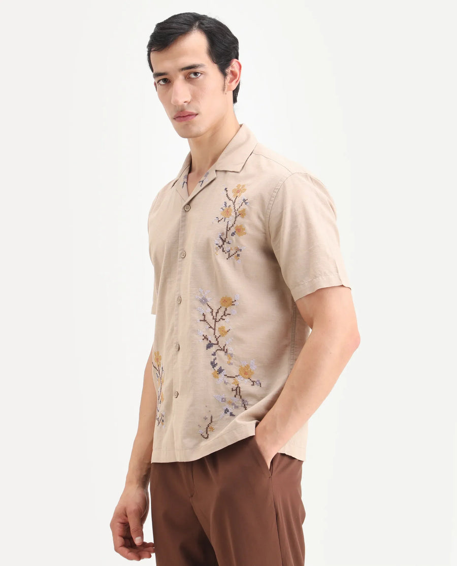 Rare Rabbit Men's Frot Dark Beige Cotton Fabric Half Sleeve Cuban Collar Relaxed Fit Embroidered Shirt