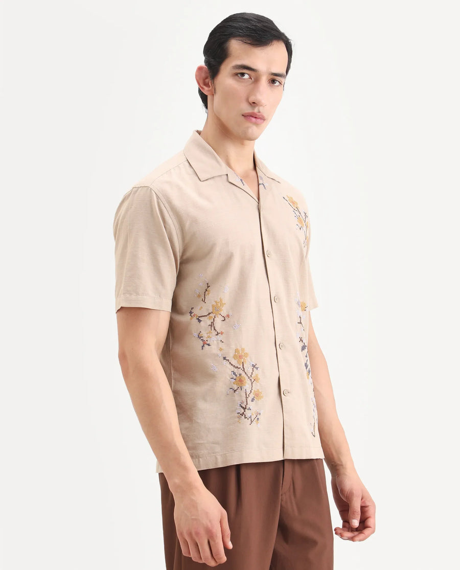 Rare Rabbit Men's Frot Dark Beige Cotton Fabric Half Sleeve Cuban Collar Relaxed Fit Embroidered Shirt