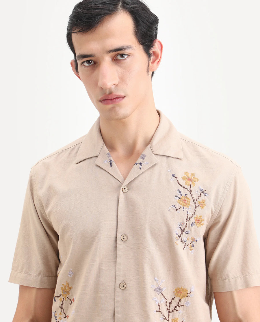 Rare Rabbit Men's Frot Dark Beige Cotton Fabric Half Sleeve Cuban Collar Relaxed Fit Embroidered Shirt