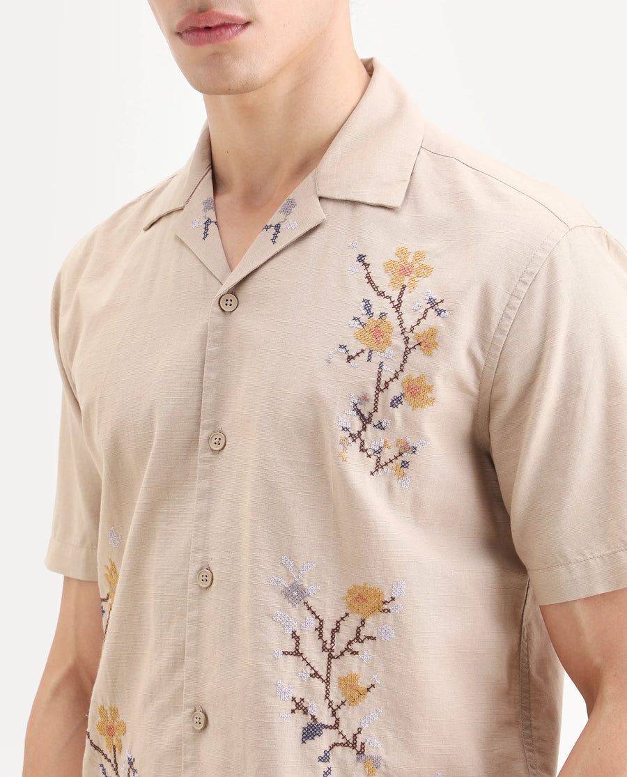 Rare Rabbit Men's Frot Dark Beige Cotton Fabric Half Sleeve Cuban Collar Relaxed Fit Embroidered Shirt