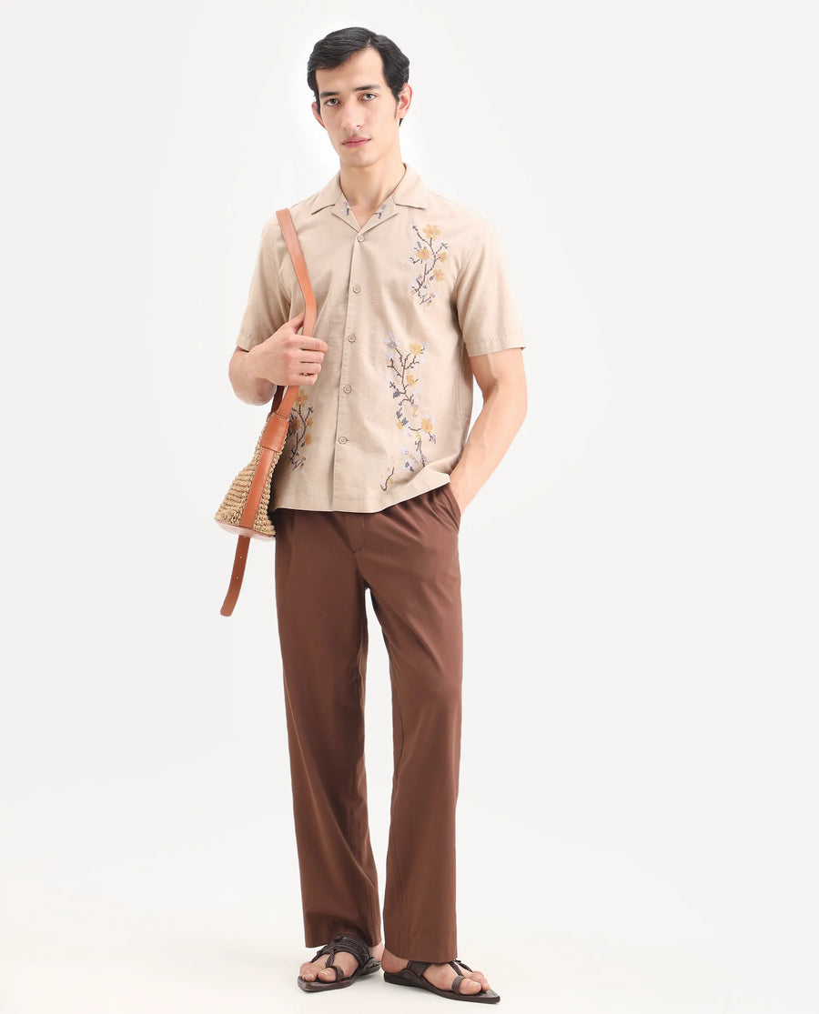 Rare Rabbit Men's Frot Dark Beige Cotton Fabric Half Sleeve Cuban Collar Relaxed Fit Embroidered Shirt