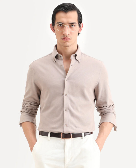 Rare Rabbit Men's Vane-Ss26 Beige Cotton Fabric Full Sleeve Regular Fit Plain Shirt