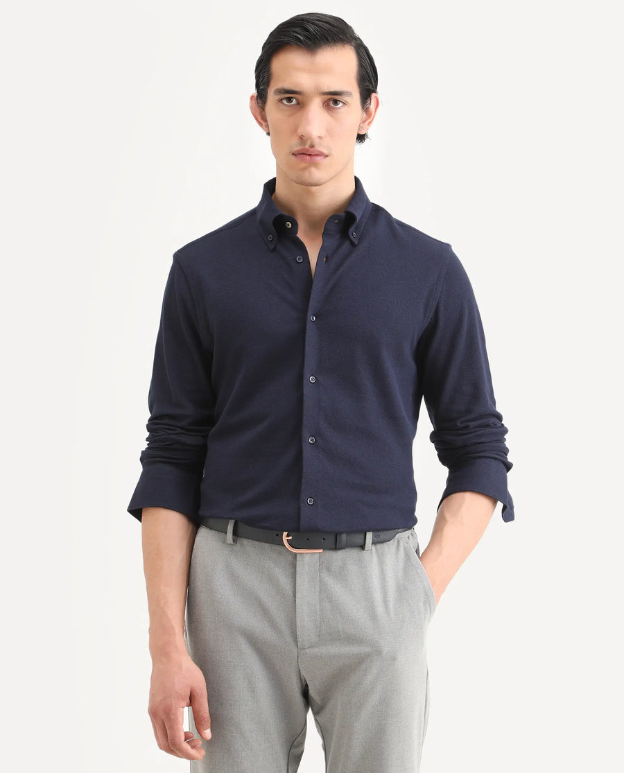 Rare Rabbit Men's Vane-Ss26 Navy Cotton Fabric Full Sleeve Regular Fit Plain Shirt