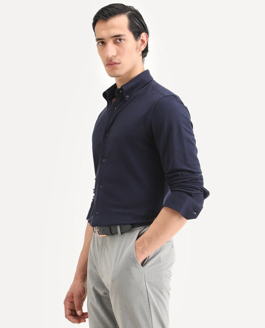 Rare Rabbit Men's Vane-Ss26 Navy Cotton Fabric Full Sleeve Regular Fit Plain Shirt