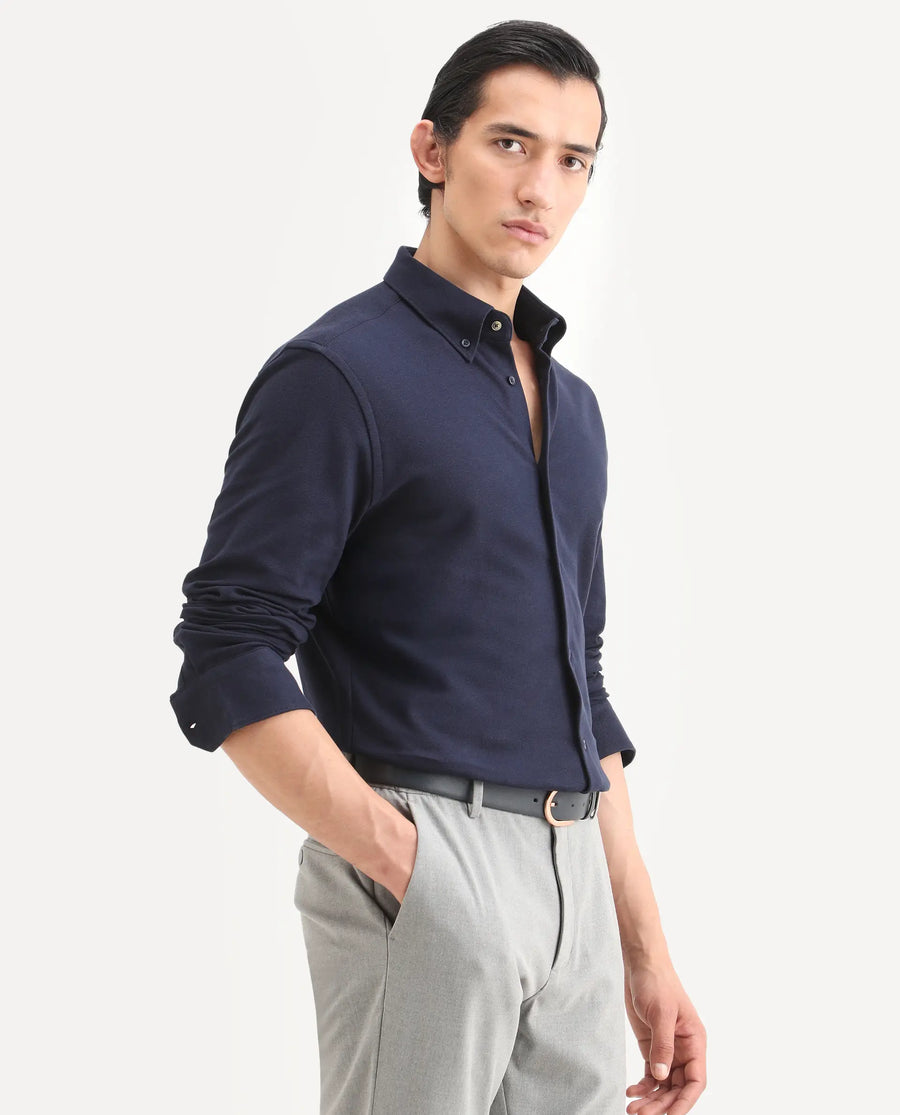 Rare Rabbit Men's Vane-Ss26 Navy Cotton Fabric Full Sleeve Regular Fit Plain Shirt