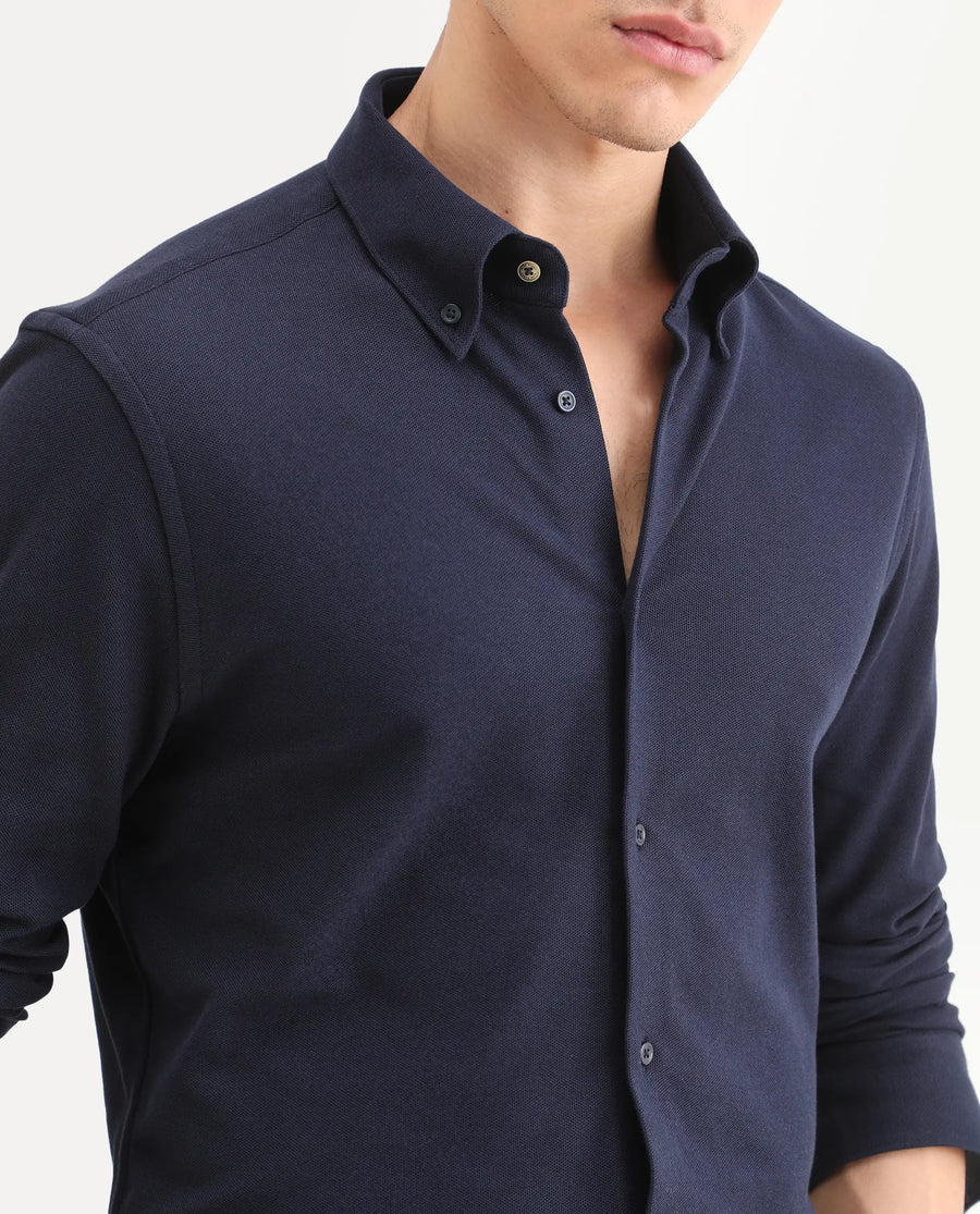 Rare Rabbit Men's Vane-Ss26 Navy Cotton Fabric Full Sleeve Regular Fit Plain Shirt