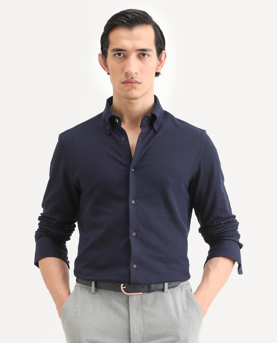 Rare Rabbit Men's Vane-Ss26 Navy Cotton Fabric Full Sleeve Regular Fit Plain Shirt