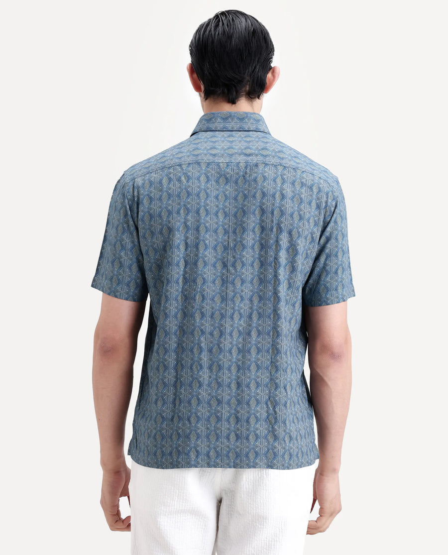 Rare Rabbit Men's Terk-Ss Blue Viscose Fabric Half Sleeve Spread Collar Regular Fit Geometric Print Shirt
