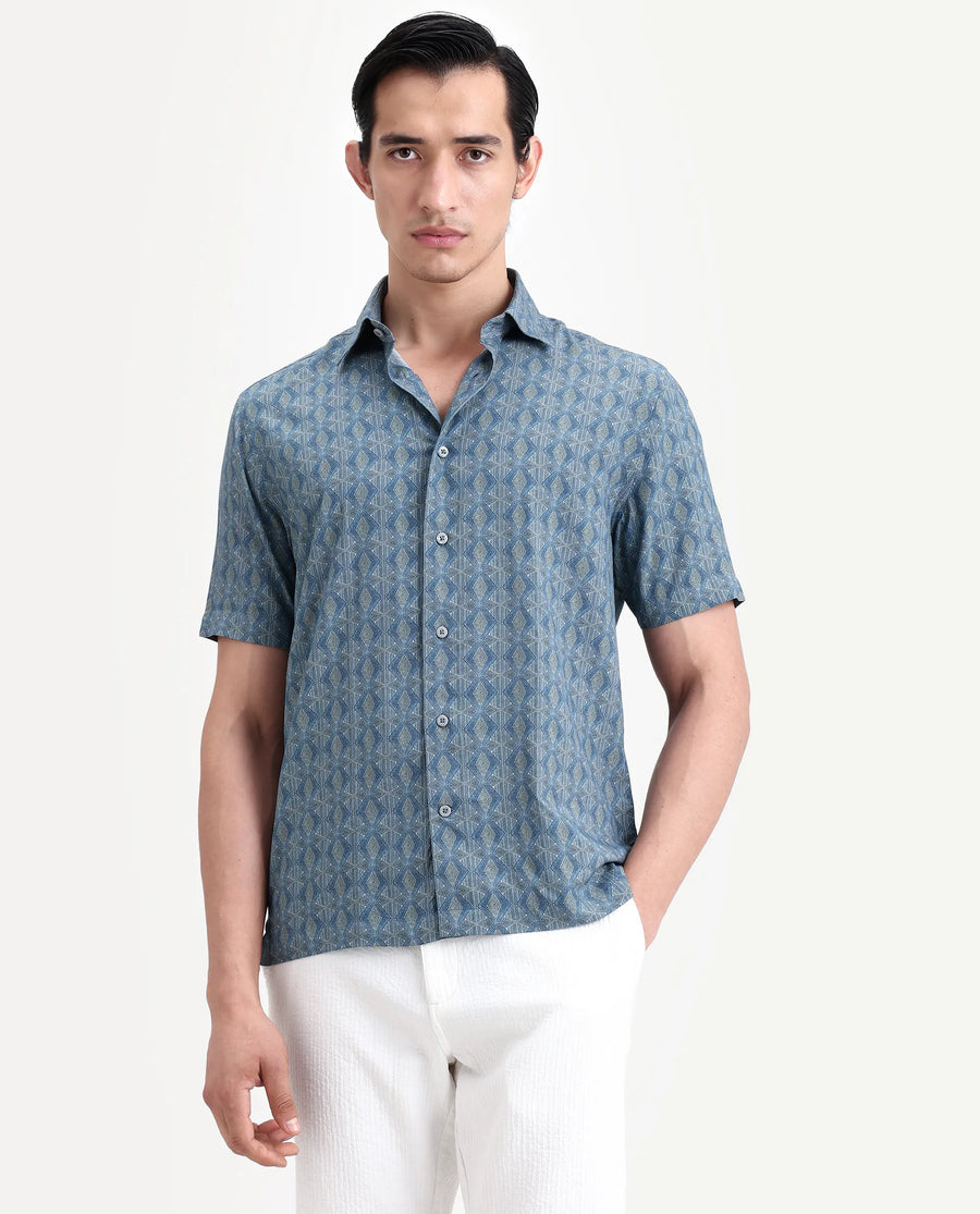 Rare Rabbit Men's Terk-Ss Blue Viscose Fabric Half Sleeve Spread Collar Regular Fit Geometric Print Shirt