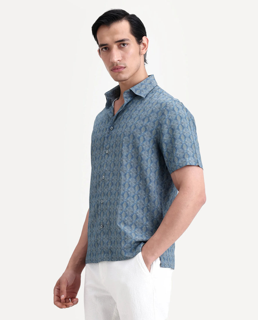 Rare Rabbit Men's Terk-Ss Blue Viscose Fabric Half Sleeve Spread Collar Regular Fit Geometric Print Shirt