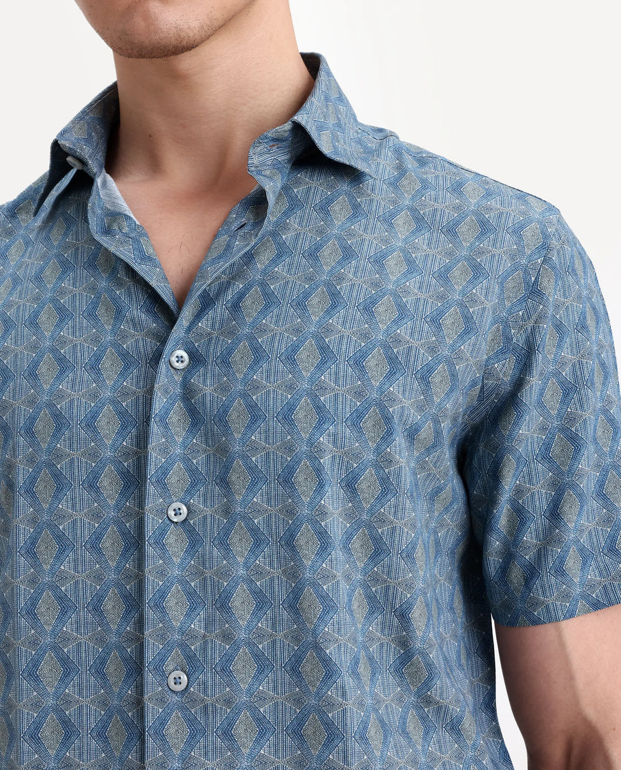 Rare Rabbit Men's Terk-Ss Blue Viscose Fabric Half Sleeve Spread Collar Regular Fit Geometric Print Shirt