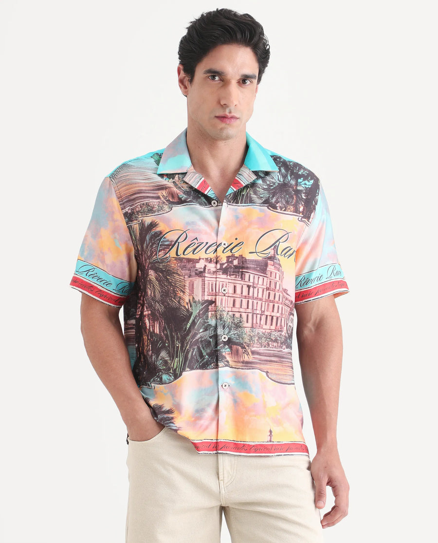 Rare Rabbit Men's Trop Multi Cotton Blend Fabric Half Sleeve Cuban Collar Regular Fit Tropical Print Shirt