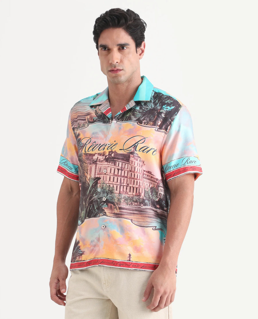 Rare Rabbit Men's Trop Multi Cotton Blend Fabric Half Sleeve Cuban Collar Regular Fit Tropical Print Shirt