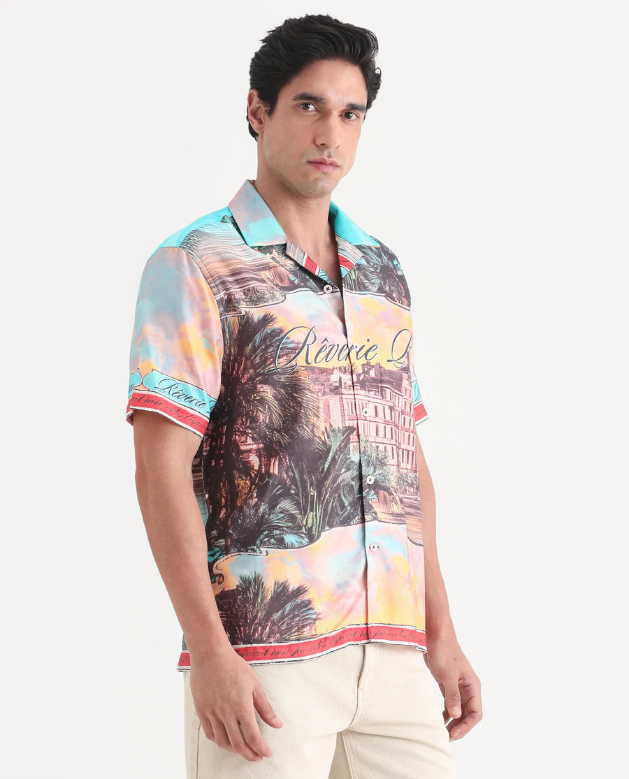 Rare Rabbit Men's Trop Multi Cotton Blend Fabric Half Sleeve Cuban Collar Regular Fit Tropical Print Shirt