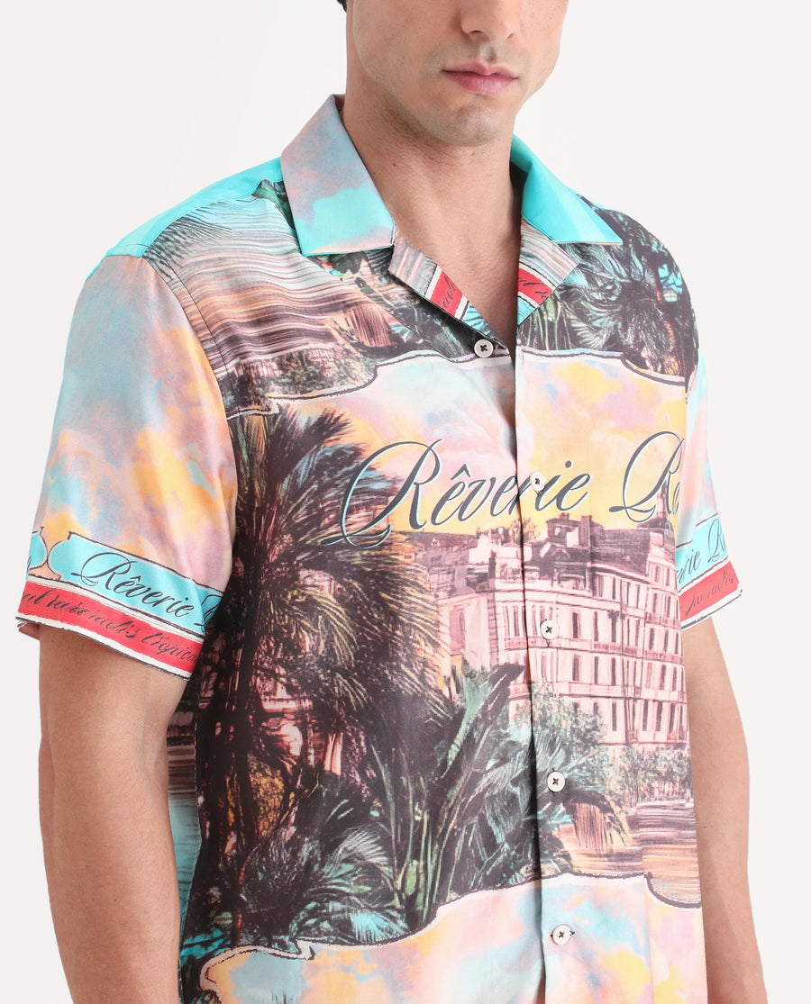 Rare Rabbit Men's Trop Multi Cotton Blend Fabric Half Sleeve Cuban Collar Regular Fit Tropical Print Shirt