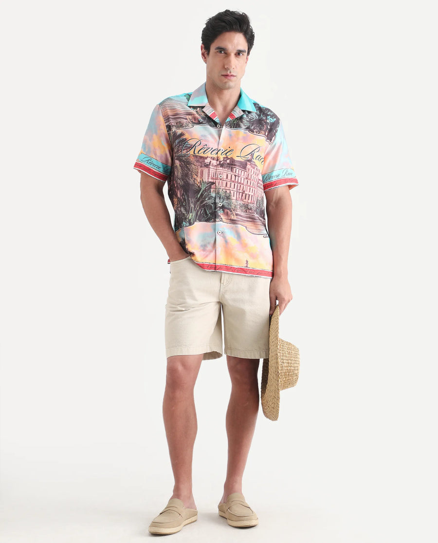 Rare Rabbit Men's Trop Multi Cotton Blend Fabric Half Sleeve Cuban Collar Regular Fit Tropical Print Shirt