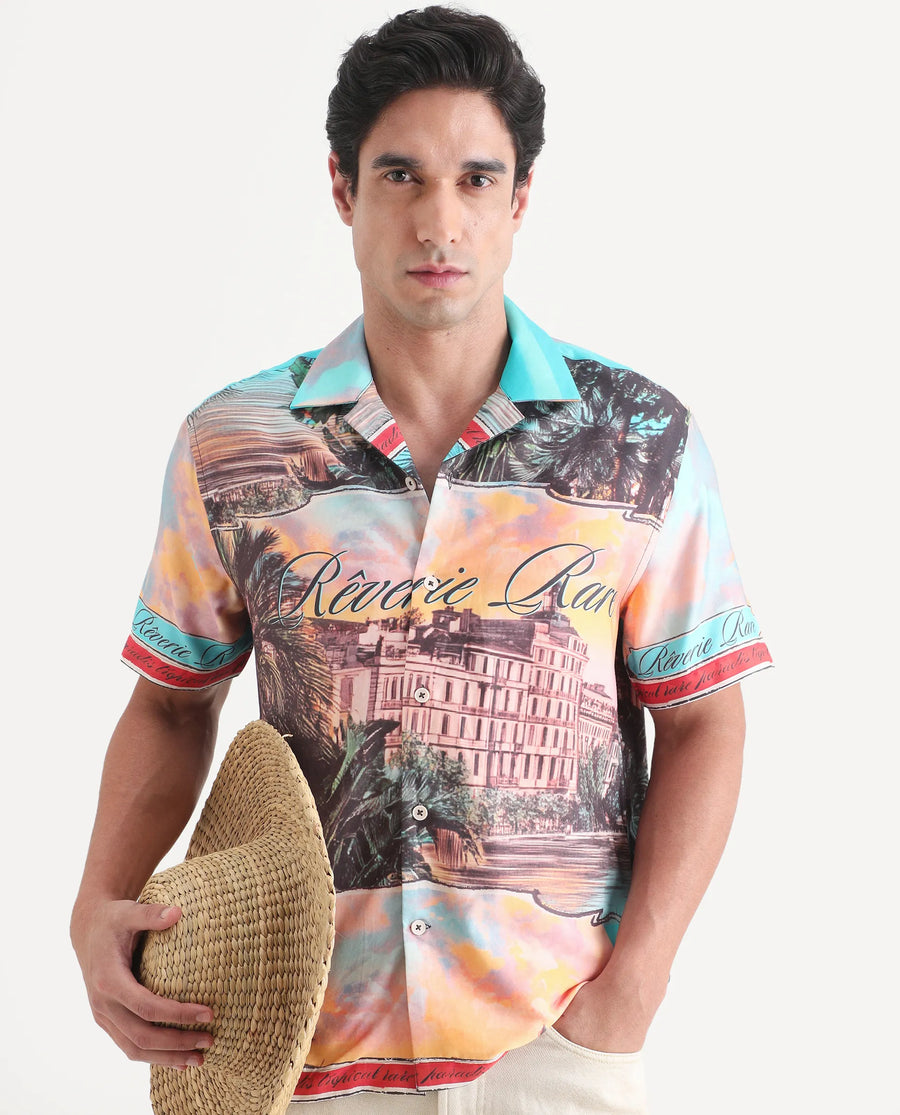 Rare Rabbit Men's Trop Multi Cotton Blend Fabric Half Sleeve Cuban Collar Regular Fit Tropical Print Shirt
