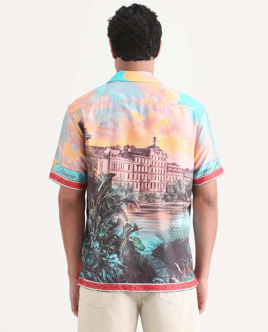 Rare Rabbit Men's Trop Multi Cotton Blend Fabric Half Sleeve Cuban Collar Regular Fit Tropical Print Shirt