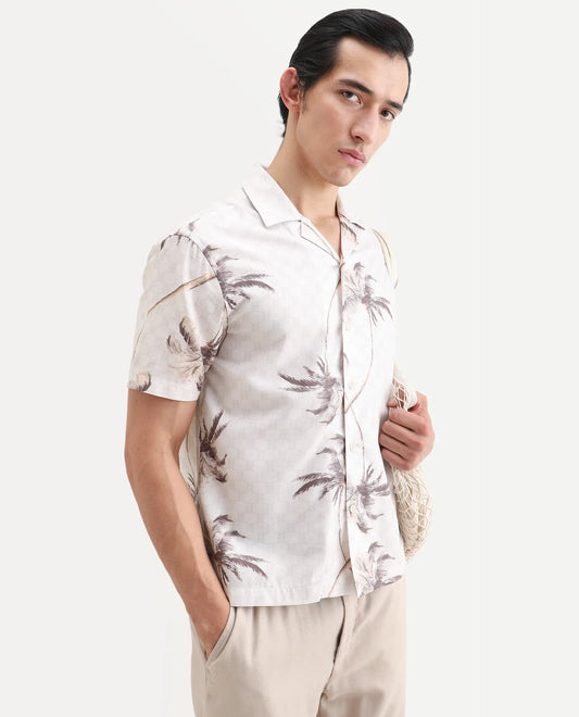 Rare Rabbit Men's Tropi Beige Cotton Blend Fabric Half Sleeve Spread Collar Regular Fit Tropical Print Shirt