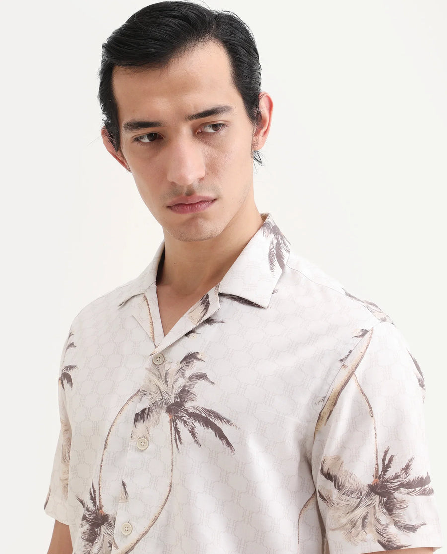 Rare Rabbit Men's Tropi Beige Cotton Blend Fabric Half Sleeve Spread Collar Regular Fit Tropical Print Shirt