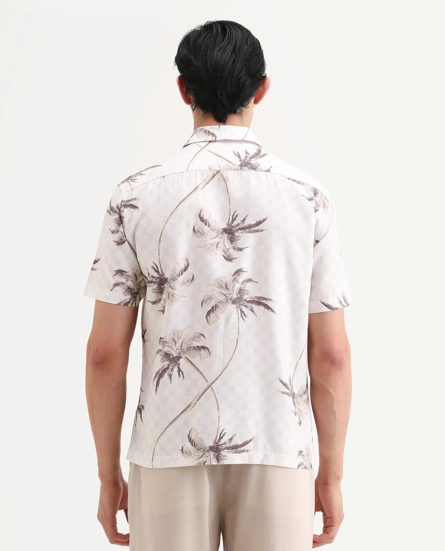 Rare Rabbit Men's Tropi Beige Cotton Blend Fabric Half Sleeve Spread Collar Regular Fit Tropical Print Shirt