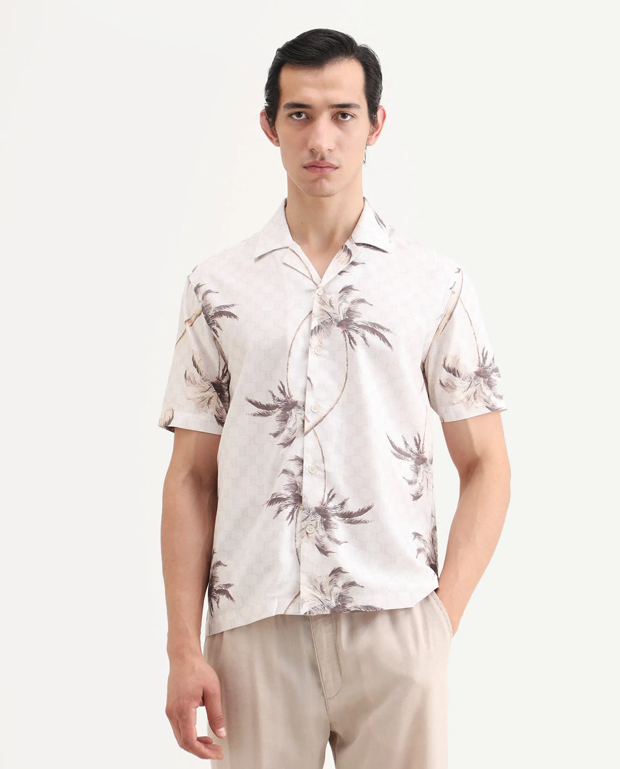 Rare Rabbit Men's Tropi Beige Cotton Blend Fabric Half Sleeve Spread Collar Regular Fit Tropical Print Shirt