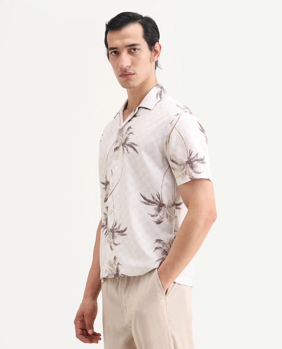 Rare Rabbit Men's Tropi Beige Cotton Blend Fabric Half Sleeve Spread Collar Regular Fit Tropical Print Shirt