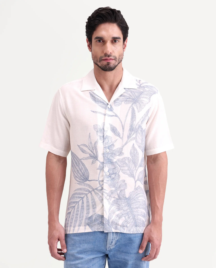 Rare Rabbit Men's Tufr White Linen Blend Fabric Half Sleeve Cuban Collar Regular Fit Floral Print Shirt