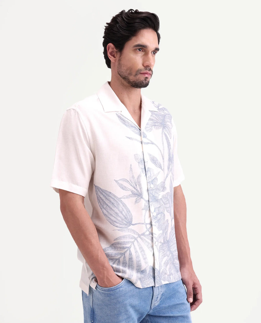 Rare Rabbit Men's Tufr White Linen Blend Fabric Half Sleeve Cuban Collar Regular Fit Floral Print Shirt