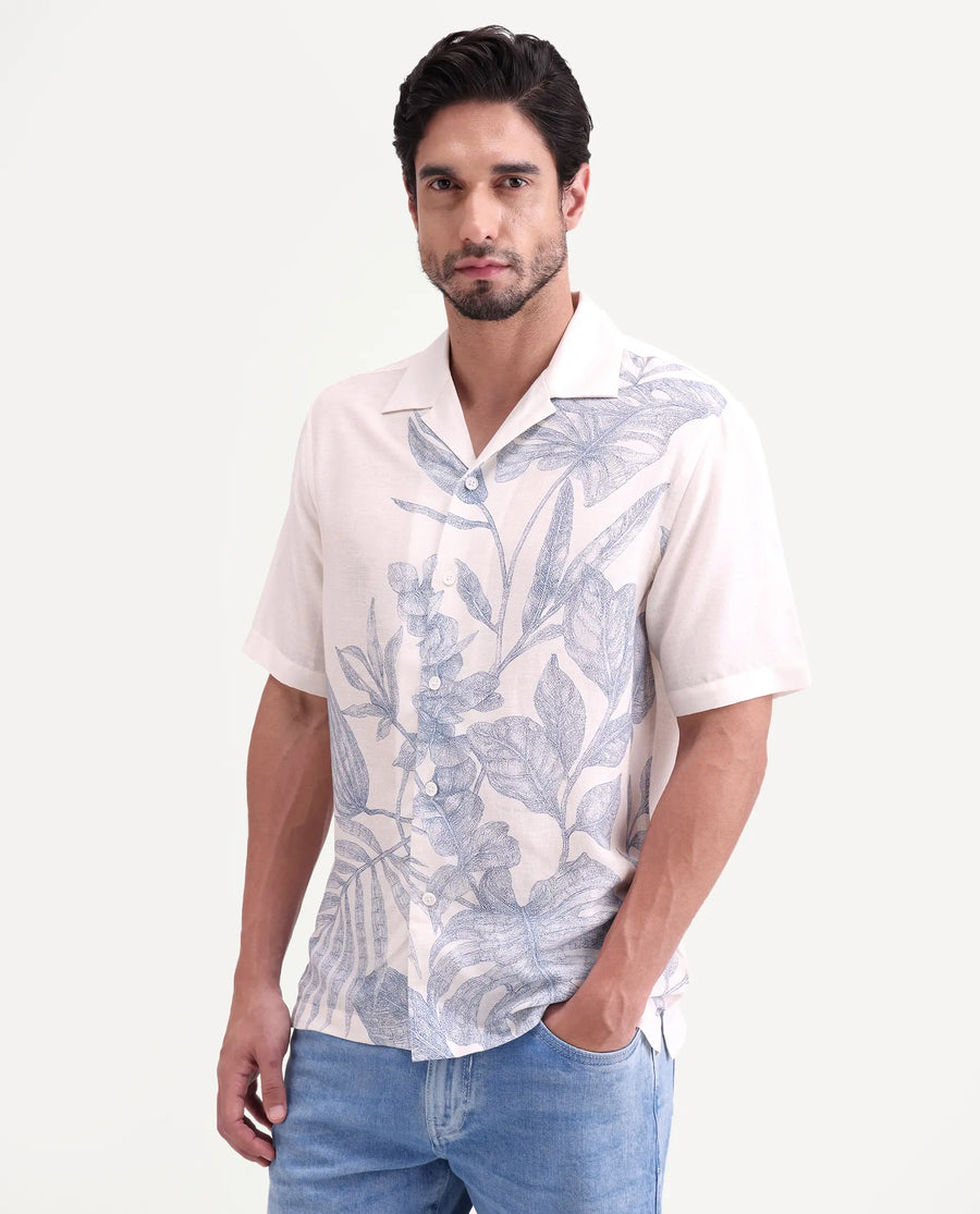 Rare Rabbit Men's Tufr White Linen Blend Fabric Half Sleeve Cuban Collar Regular Fit Floral Print Shirt