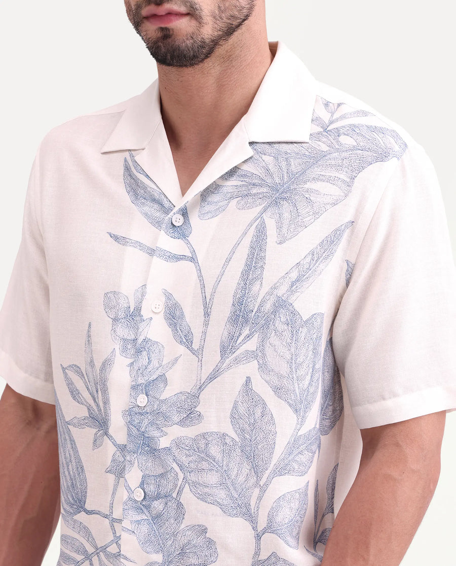 Rare Rabbit Men's Tufr White Linen Blend Fabric Half Sleeve Cuban Collar Regular Fit Floral Print Shirt