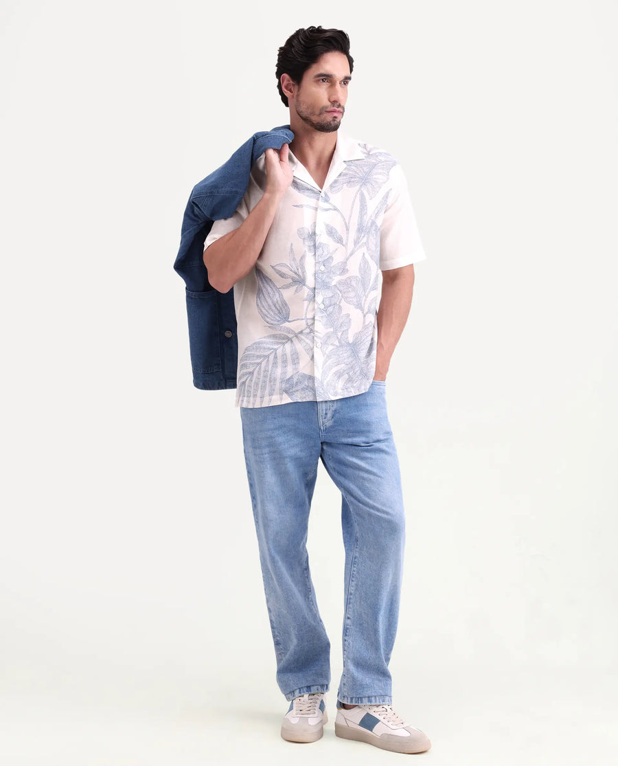 Rare Rabbit Men's Tufr White Linen Blend Fabric Half Sleeve Cuban Collar Regular Fit Floral Print Shirt