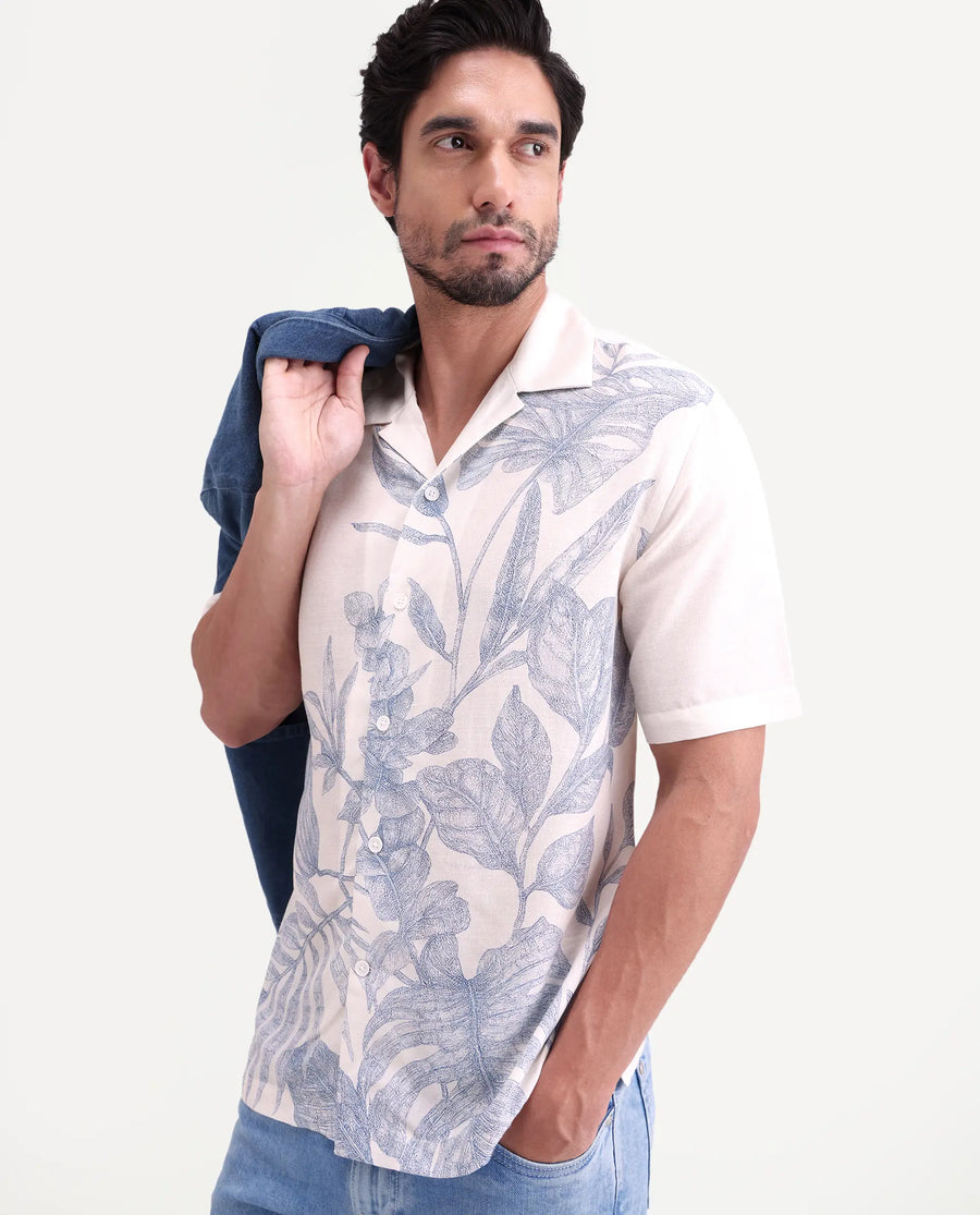 Rare Rabbit Men's Tufr White Linen Blend Fabric Half Sleeve Cuban Collar Regular Fit Floral Print Shirt