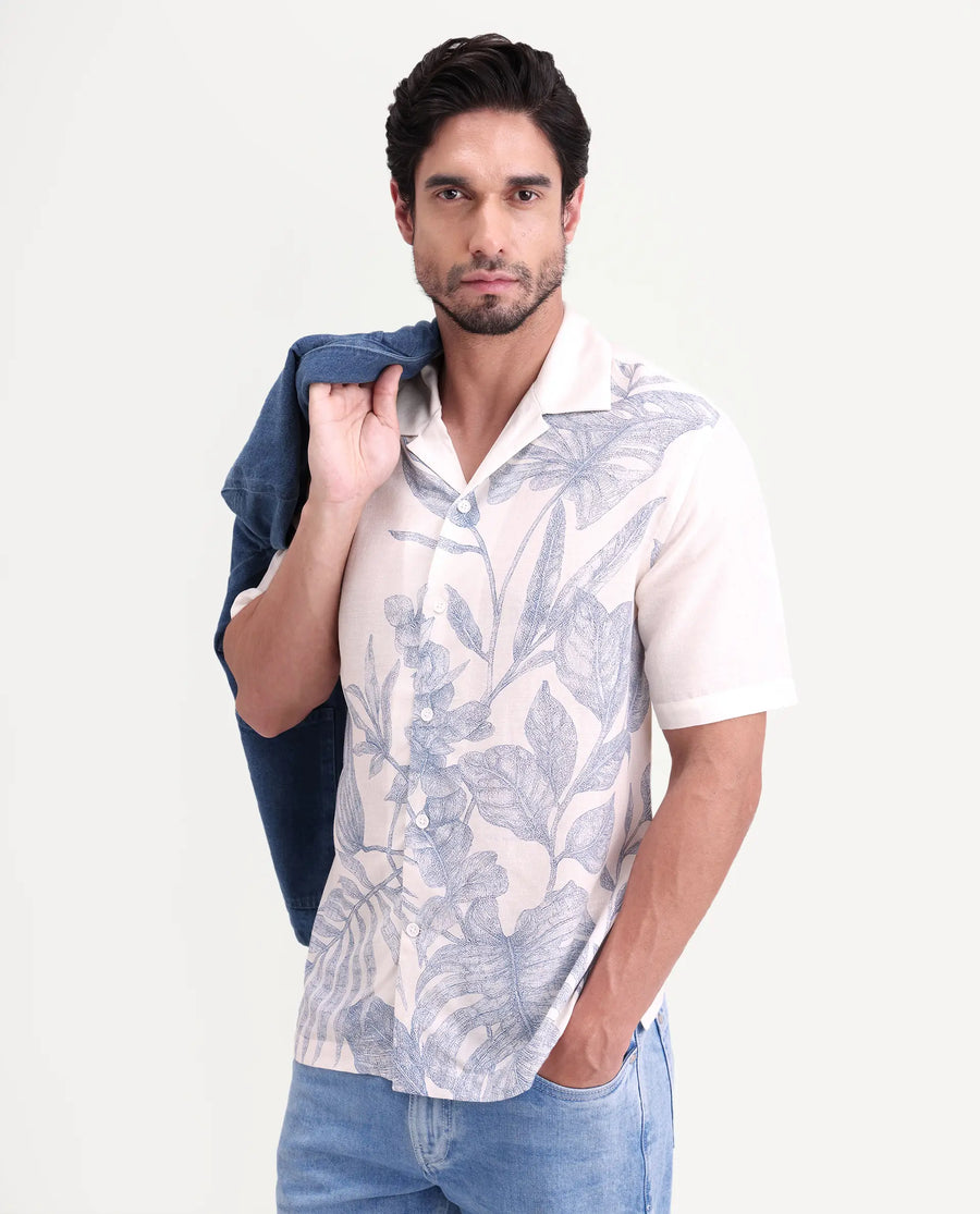 Rare Rabbit Men's Tufr White Linen Blend Fabric Half Sleeve Cuban Collar Regular Fit Floral Print Shirt