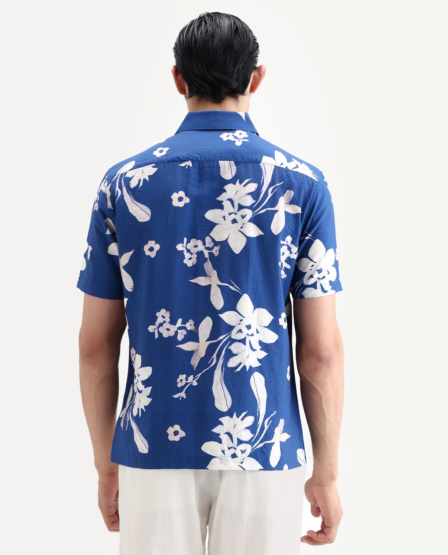 Rare Rabbit Men's Tyro Blue Viscose Blend Fabric Half Sleeve Spread Collar Regular Fit Floral Print Shirt