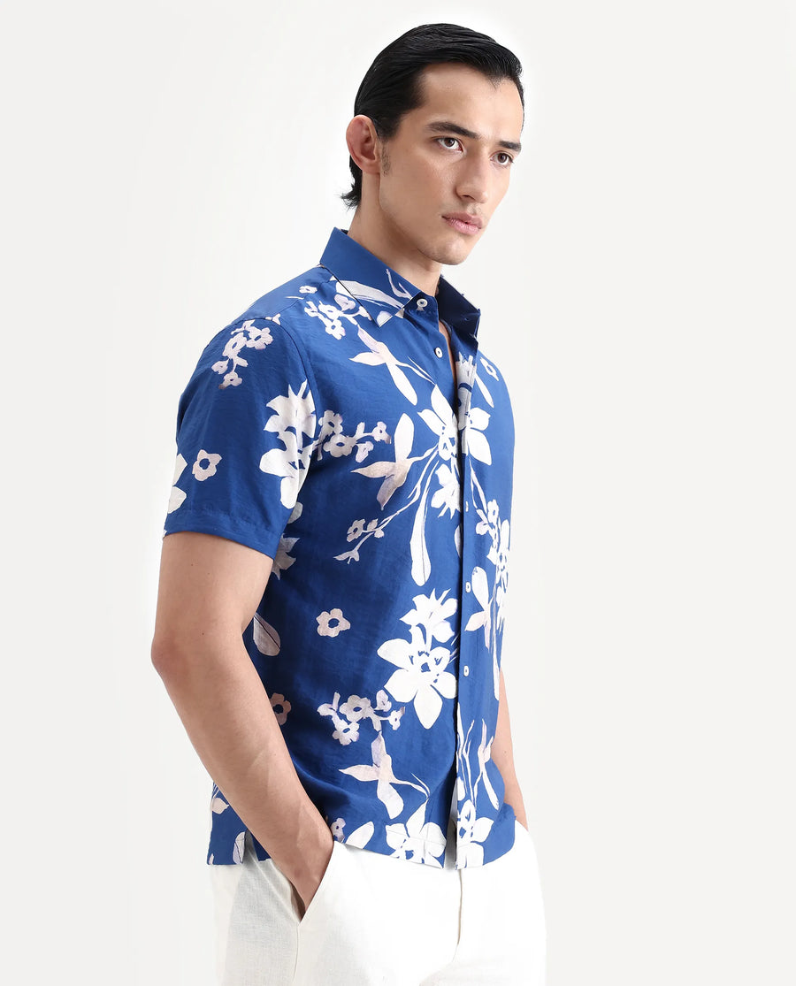 Rare Rabbit Men's Tyro Blue Viscose Blend Fabric Half Sleeve Spread Collar Regular Fit Floral Print Shirt