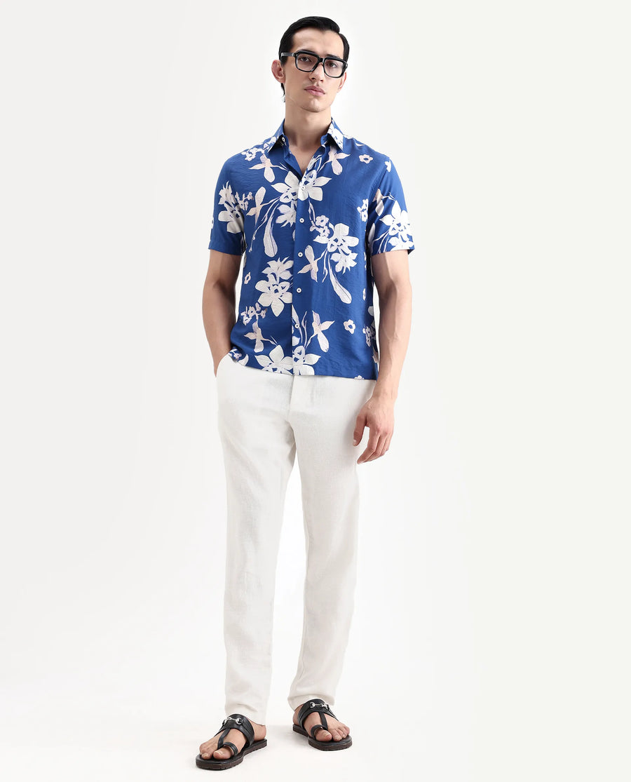 Rare Rabbit Men's Tyro Blue Viscose Blend Fabric Half Sleeve Spread Collar Regular Fit Floral Print Shirt