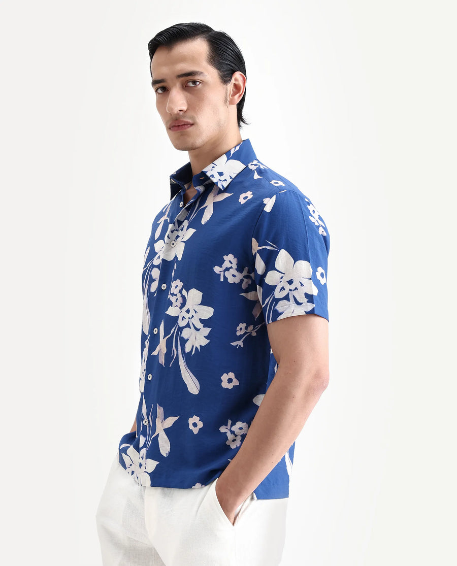 Rare Rabbit Men's Tyro Blue Viscose Blend Fabric Half Sleeve Spread Collar Regular Fit Floral Print Shirt