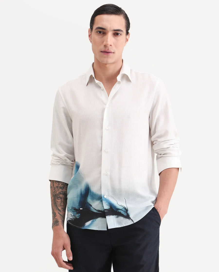 Rare Rabbit Men's Uvex White Linen Blend Fabric Full Sleeve Spread Collar Regular Fit Abstract Print Shirt