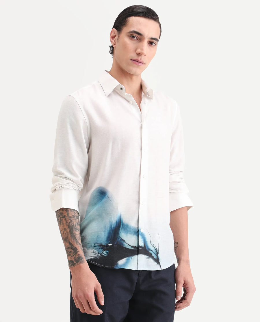 Rare Rabbit Men's Uvex White Linen Blend Fabric Full Sleeve Spread Collar Regular Fit Abstract Print Shirt