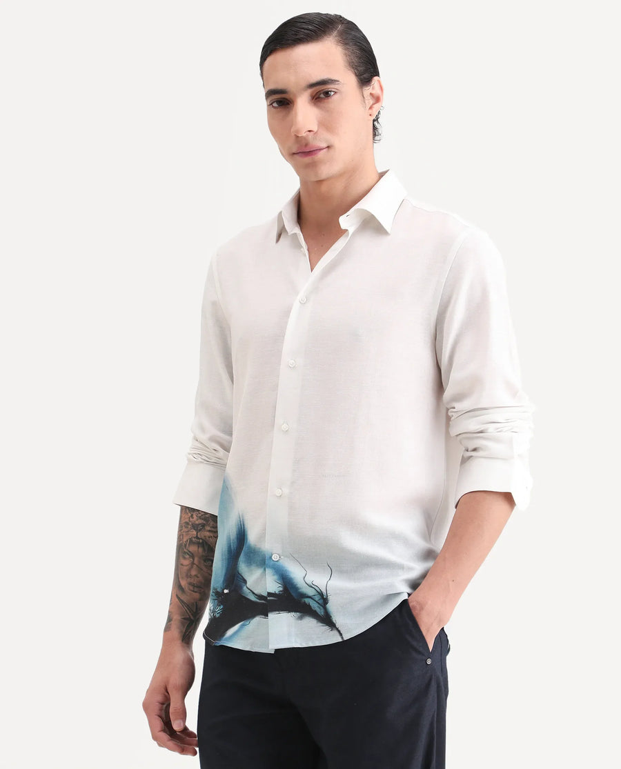 Rare Rabbit Men's Uvex White Linen Blend Fabric Full Sleeve Spread Collar Regular Fit Abstract Print Shirt