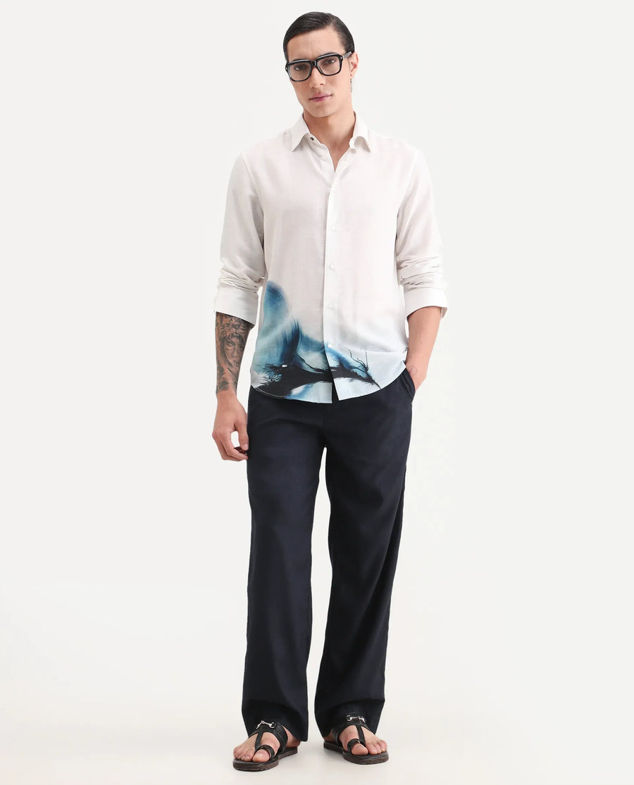 Rare Rabbit Men's Uvex White Linen Blend Fabric Full Sleeve Spread Collar Regular Fit Abstract Print Shirt